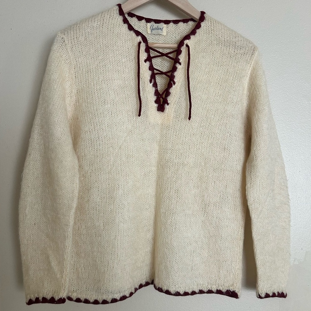 Vintage c1960s Garland Mohair Lace Up Front Sweater Maroon Accents